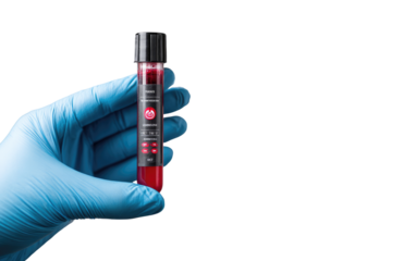 A gloved hand holds a blood sample tube filled with red liquid