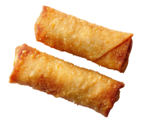 Two golden-brown egg rolls, crispy and slightly browned, appear to be ready to eat