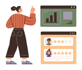 Female figure pointing at data dashboard with bar chart and user ratings. Ideal for performance review, feedback analysis, online surveys, management, data analytics, user interface, corporate tools