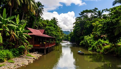 Obraz premium Picturesque river house nestled in lush tropical foliage