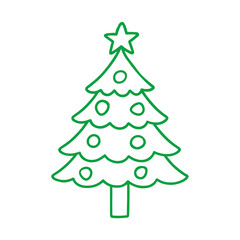 Simple hand-drawn Christmas tree with a star on top and dotted decorations, outlined in green, capturing a playful and minimalistic holiday spirit