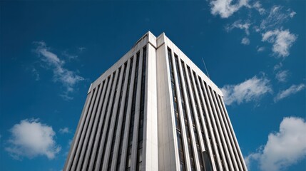 Towering office building reaches for the sky against a backdrop of blue clouds in a bustling urban setting
