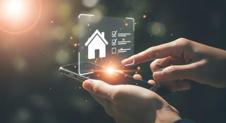 Person interacts with holographic house icon and digital document on smartphone screen