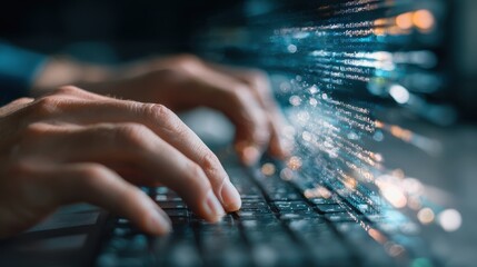 Hands typing on keyboard with flowing data representing digital technology and information exchange in a contemporary setting