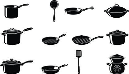 Black kitchen cookware and utensils vector set including saucepans, frying pans, grill pans, spatula, and cooking pot with lids isolated icons.