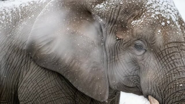 Photorealistic close-up of an African elephant in snowfall - a rare climate phenomenon, a symbol of changes in nature and ecology&rdquo;