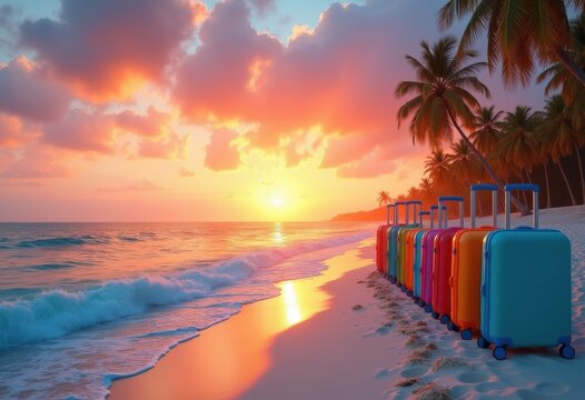 vibrant sunset beach scene colorful luggage arranged perfect row sand ocean waves relaxation, travel, holiday, vacation, coastal, marine, shore