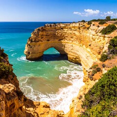 Obraz premium Coastal archway, turquoise water, golden cliffs