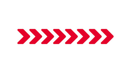 Seven red chevron arrows, horizontal row, simple, white background, minimal