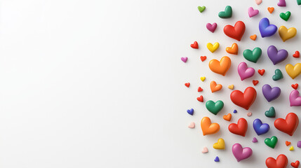 Colorful hearts scattered on white background create vibrant and joyful atmosphere, perfect for celebrating love and unity