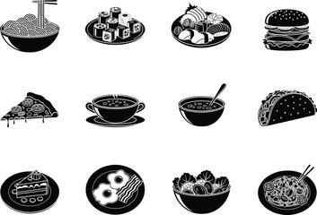 Black silhouette icons of various foods including noodles with chopsticks, sushi, burger, pizza, soup, taco, cake, eggs, salad, and Asian dish.
