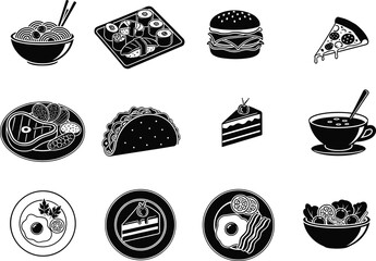Black silhouette vector icons of popular foods including sushi, noodles, burger, pizza, taco, soup, steak, breakfast, salad, and desserts.