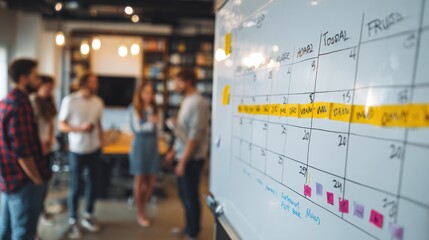 Team members discussing project timelines and tasks in a modern office setting with a whiteboard filled with details