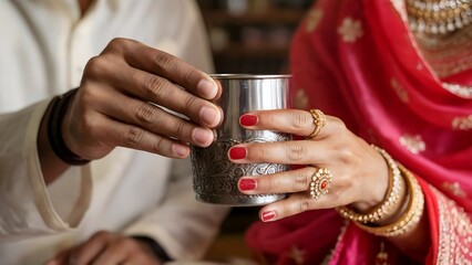 Married couple drinking water after karwa chauth fasting