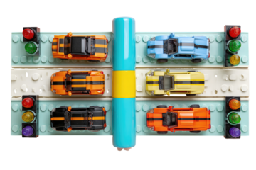 Toy cars lined up on a track with traffic lights,  a blue battery in the center