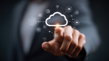 Innovative cloud technology concept demonstrated by a professional in a business setting