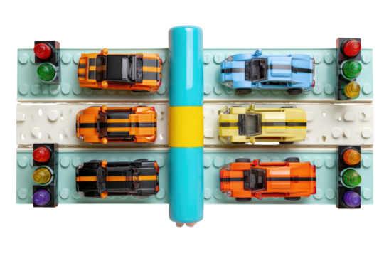 Toy cars lined up on a track with traffic lights,  a blue battery in the center