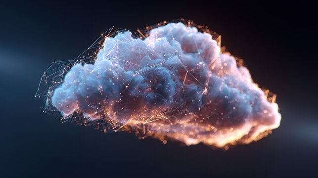 Digital cloud formation with glowing particles and intricate geometric connections in dark space