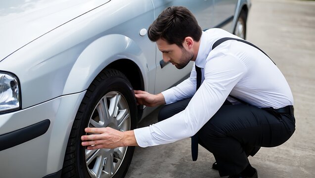 Man Checks Car Tire Pressure for Safety and Performance