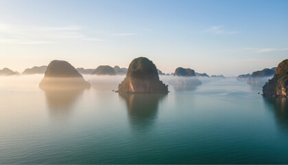 Misty morning light on tranquil limestone karsts in a Southeast Asian bay.