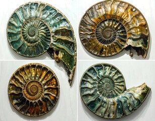 Four ammonite fossils, detailed spiral patterns, vibrant colors