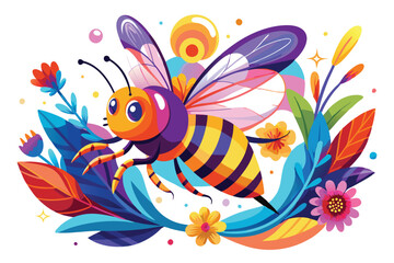 Colorful Cartoon Bee Flying Among Flowers