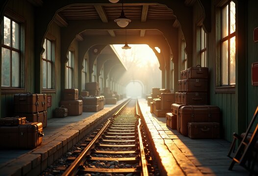 vintage train station tracks luggage nostalgic travel journey timeless memories evocative atmosphere, platform, baggage, railway, suitcase, ticket