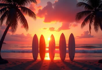 vivid sunset silhouette surfboards colorful sky beach scene, ocean, water, wave, tide, horizon, reflection, light, clouds, dusk, golden, coast, extreme