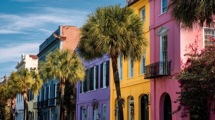 Naklejka premium Colorful historic buildings along a sunny street lined with palm trees in Charleston, South Carolina during the afternoon