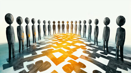 Stylized teamwork concept with abstract human figures creating puzzle like pattern, symbolizing collaboration and unity