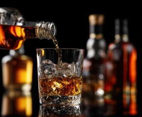 Whiskey is poured from a bottle into a glass with ice. A glass of whiskey on a black reflective background.