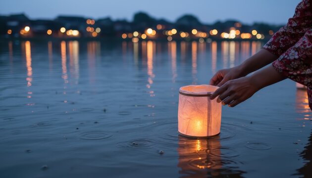 Person releasing a glowing paper lantern onto a calm lake at dusk, with lights reflecting on the water.