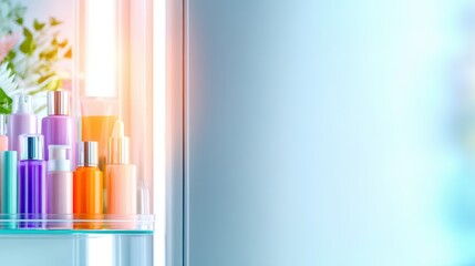 Obraz premium Colorful array of cosmetic bottles on a vanity, with soft lighting and blurred floral background