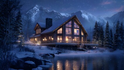 Winter cabin retreat: cozy mountain home with snowy landscape and lake view