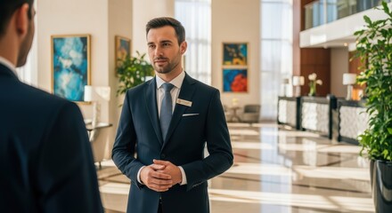 Fototapeta premium Caucasian young male hotel manager in elegant lobby attire engaging with guest