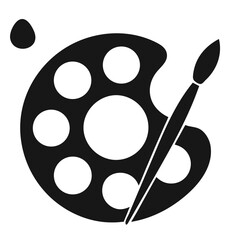 "Artist Palette and Paintbrush Icon – Black Silhouette Vector Illustration Featuring Six Paint Wells and Diagonal Brush with Droplet Detail – Representing Creativity, Artistic Expression, and Visual D