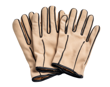 Pair of beige leather gloves, folded, showing finger detailing and dark trim