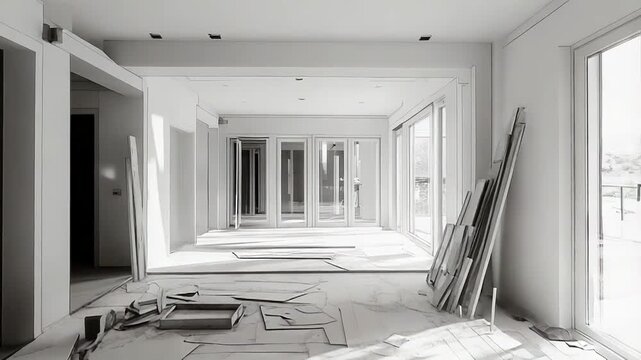 Modern empty apartment undergoing renovation with building materials scattered on floor