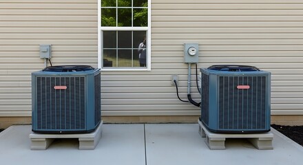 Two outdoor air conditioning units are installed on a concrete patio