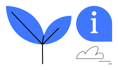 Minimalistic plant leaf, information sign, and cloud icon in blue and black. Ideal for sustainability, environment, education, growth, innovation, ecology and simple landing page