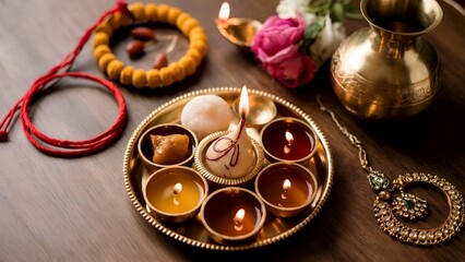 Traditional decorated thali with diya for Karva Chauth