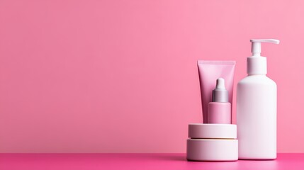 Elegant arrangement of skincare products on a vibrant pink background showcasing beauty essentials