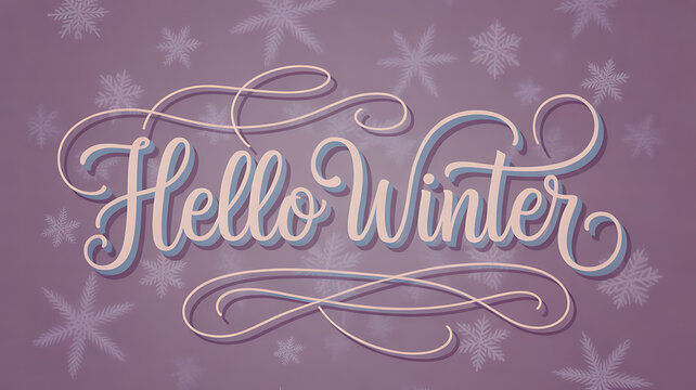 Elegant hello winter calligraphy with soft snowflakes on a purple background