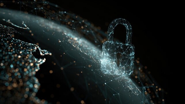 Digital representation of global internet security and encryption with a padlock hovering over Earth - Powered by Adobe