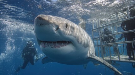 Fototapeta premium Close encounter with a great white shark during a diving expedition in clear ocean waters