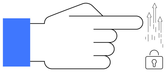 Large hand gesture pointing at an unlocked padlock, upward arrows symbolizing progress, access, and growth. Ideal for innovation, success, freedom, potential, opportunity breakthrough
