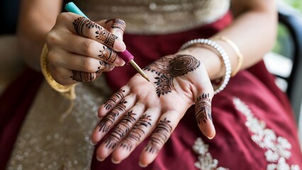 Woman applying henna mehndi on hands for wedding ritual