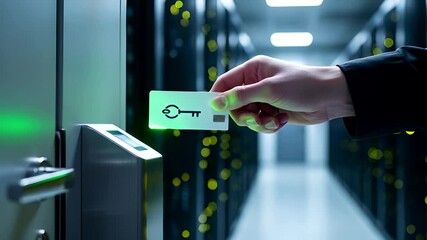 Secure Data Center Access: Man Using Keycard to Enter Server Room for Advanced Protection - Powered by Adobe