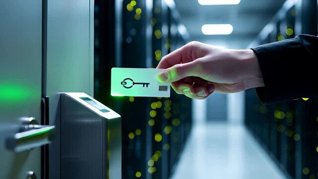 Secure Data Center Access: Man Using Keycard to Enter Server Room for Advanced Protection
