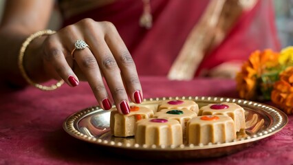 Traditional sweets and diya arranged in pooja thali plate